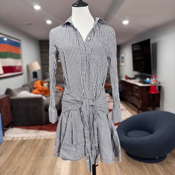 Derek Lam 10 Crosby Stripped Button Down Tie Waist Shirt Dress Size 6 Cotton - Picture 2 of 5
